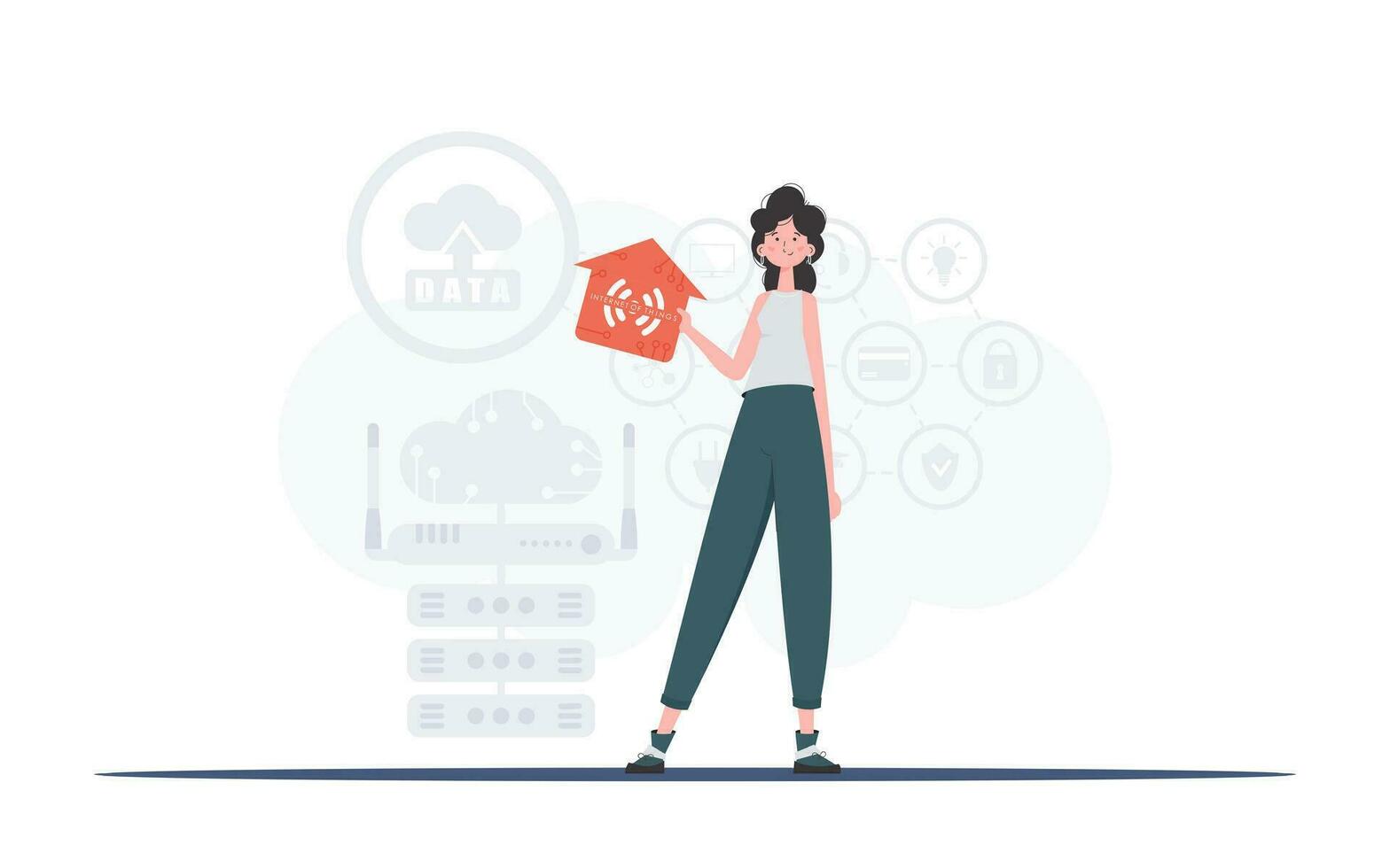 Internet of things concept. The woman is depicted in full growth, holding an icon of a house in her hands. Good for websites and presentations. Vector illustration in flat style.