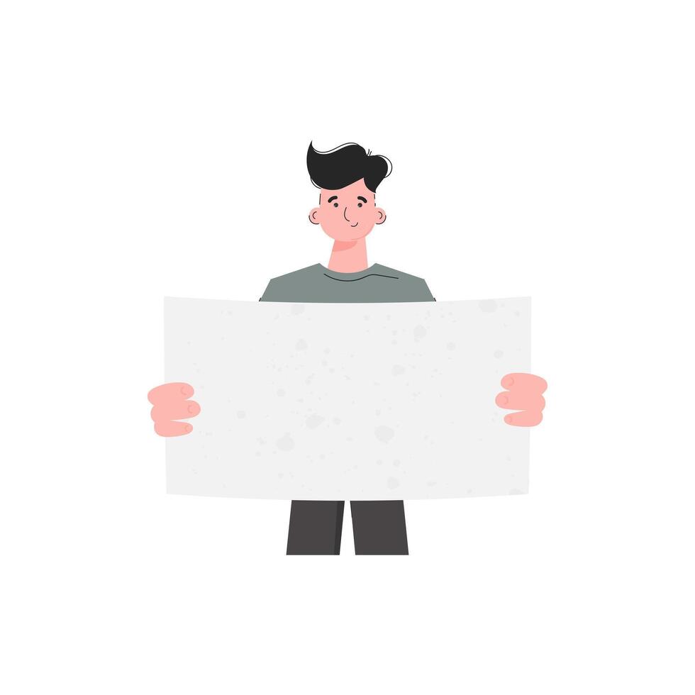 A man stands waist-deep and holds a blank sheet in his hands. Isolated. Flat style. Element for presentations, sites. vector