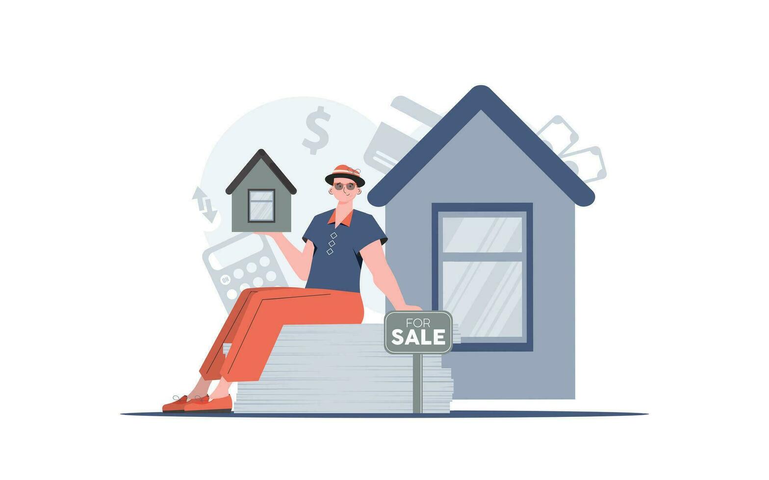 A man sits on a mountain of documents and holds a small house in his hands. Selling a house or real estate. trendy style. Vector illustration.