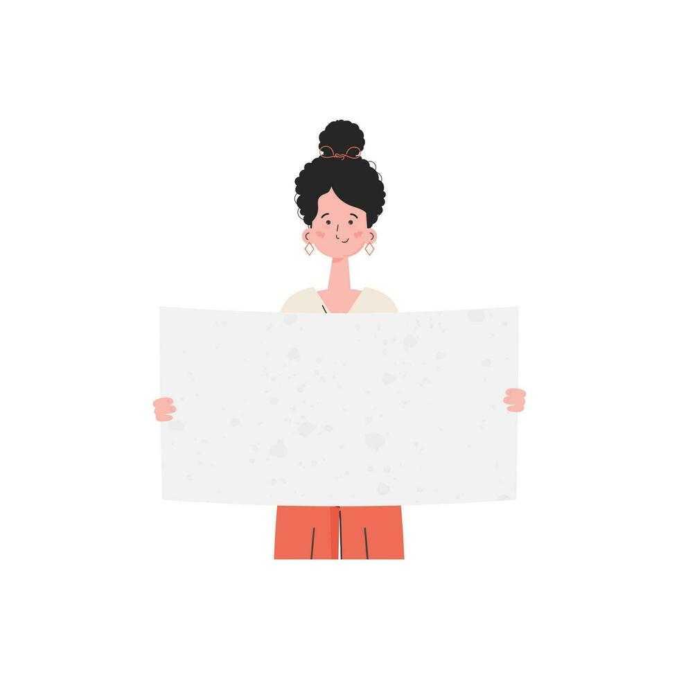 A woman stands waist-deep and holds a blank sheet in her hands. Isolated. Flat style. Element for presentations, sites. vector