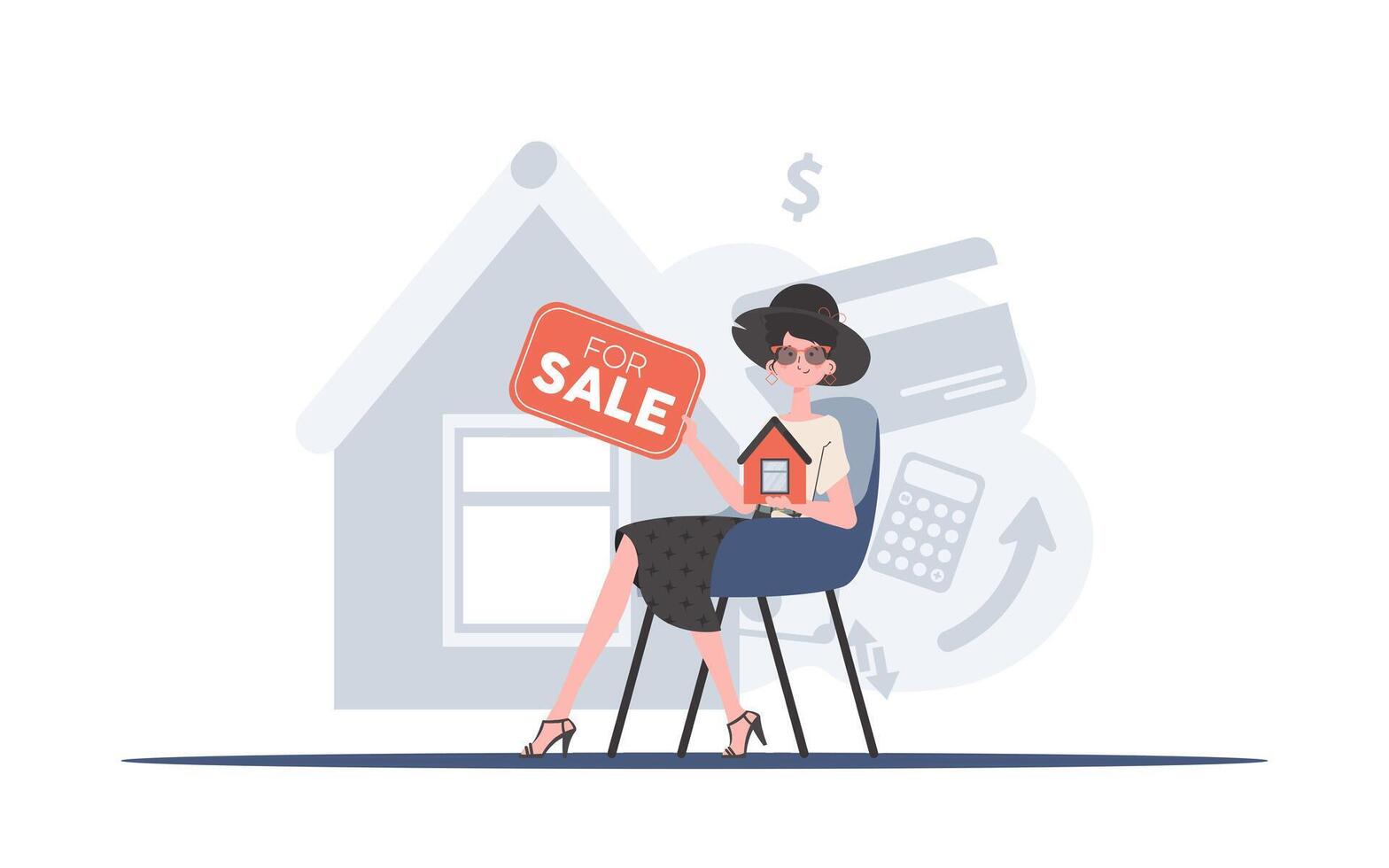 The girl sits on a chair and holds a sign in her hands for sale. The concept of selling a house. trendy style. illustration. vector