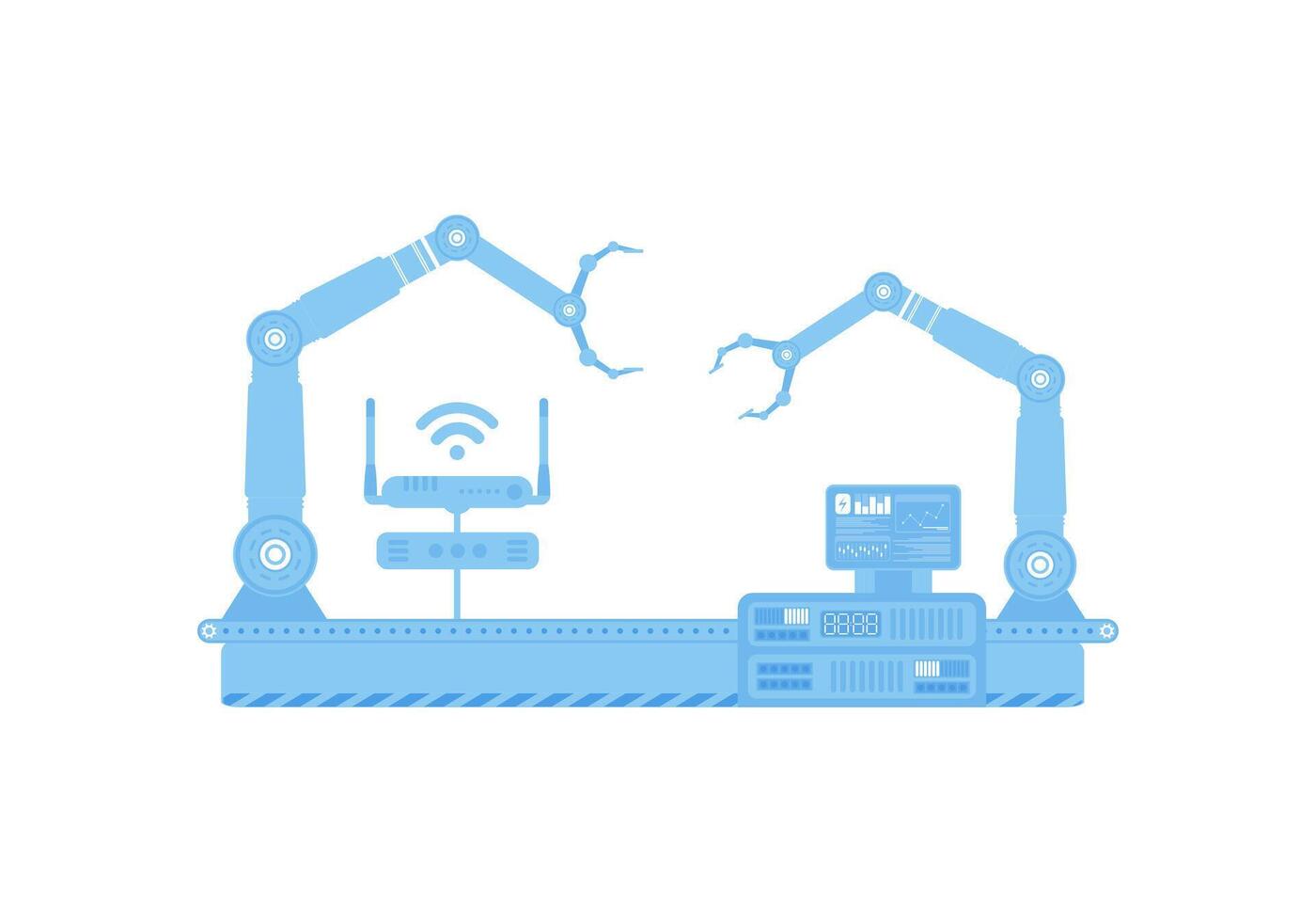 Automatic conveyor line with robotic arm. The concept of the Internet of things and automation. Isolated. . vector