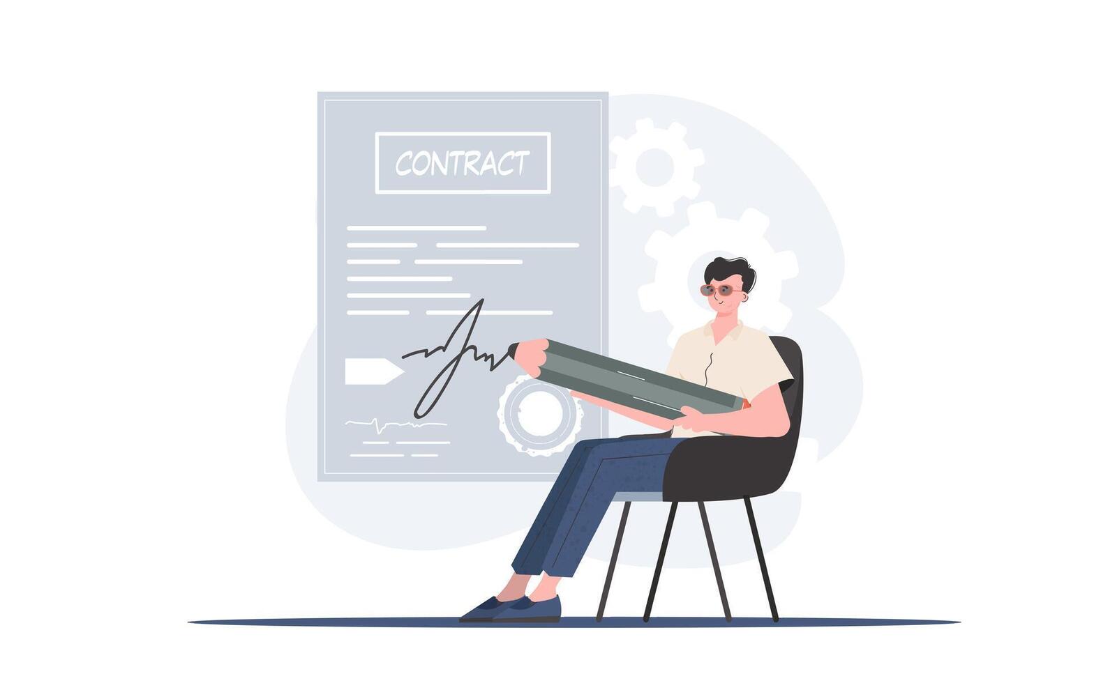 A man sits in a chair and signs a contract. Partnership. Element for presentation. vector