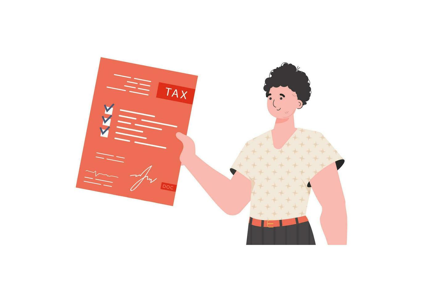A man stands waist-deep and holds a form of paid taxes in his hands. Isolated. Element for presentation. vector