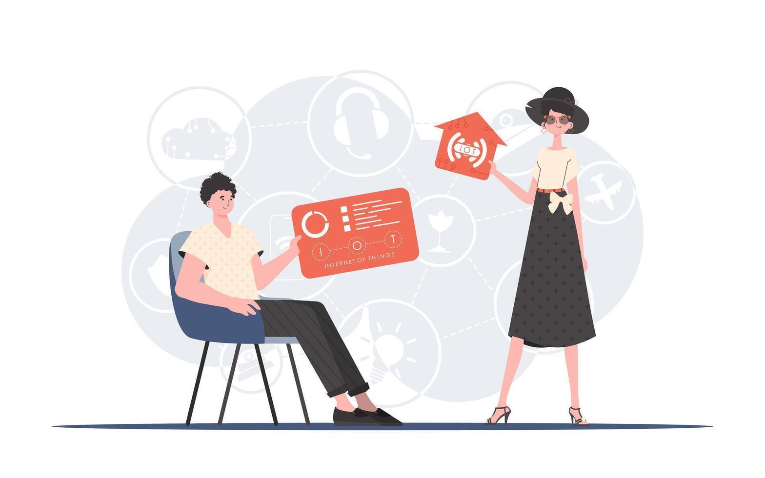 Internet of things concept. The girl and the guy are a team in the field of Internet of things. Good for websites and presentations. Trendy flat style. . vector
