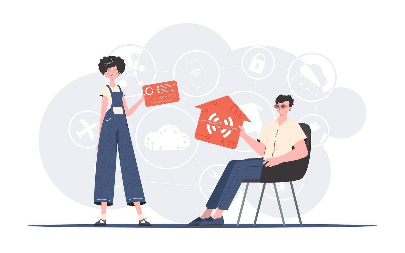 Internet of things concept. The girl and the guy are a team in the field of Internet of things. Good for websites and presentations. Trendy flat style. . vector