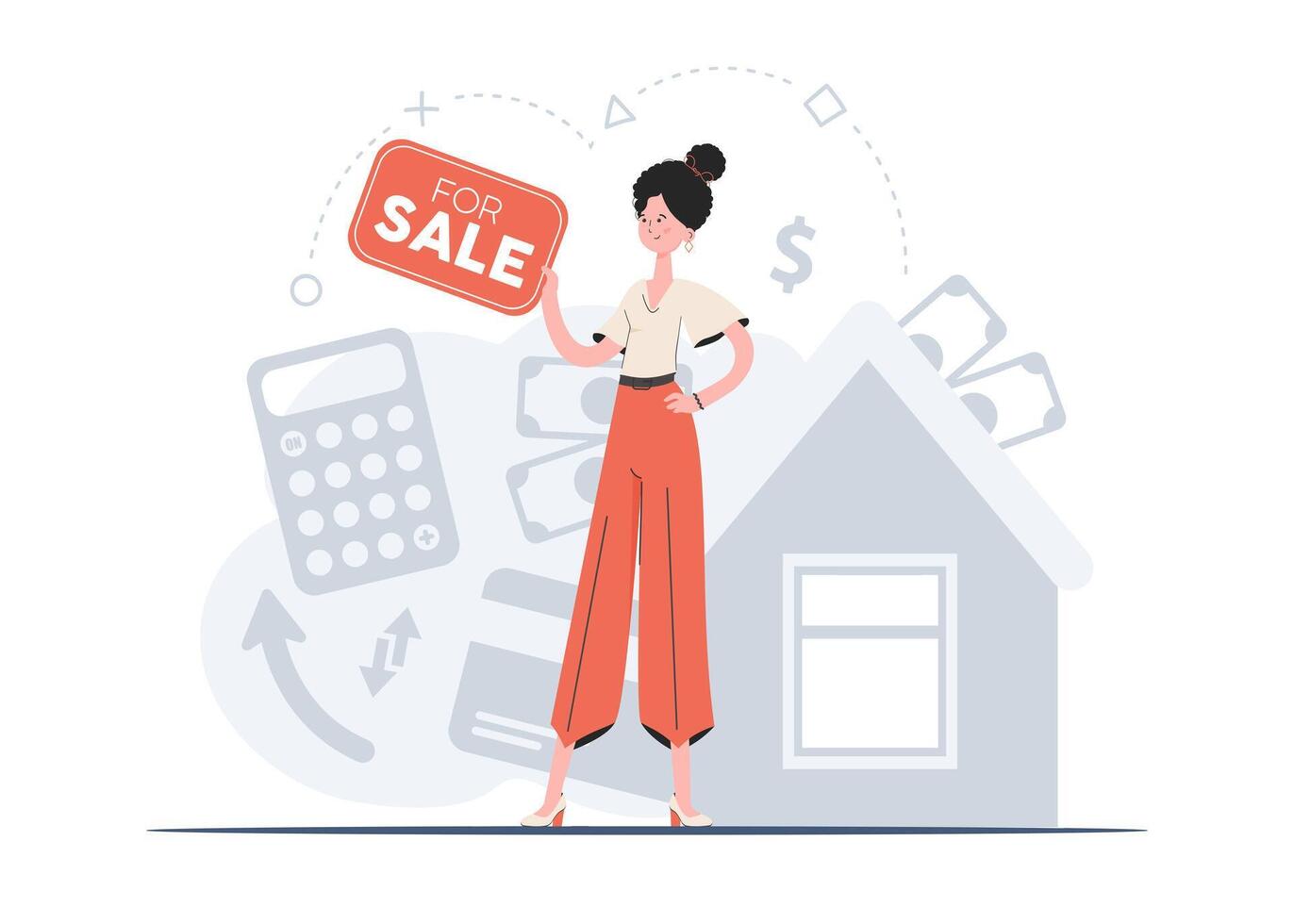 A woman stands in full growth holding a sign about the sale. Property For Sale. Flat style. Element for presentations, sites. vector