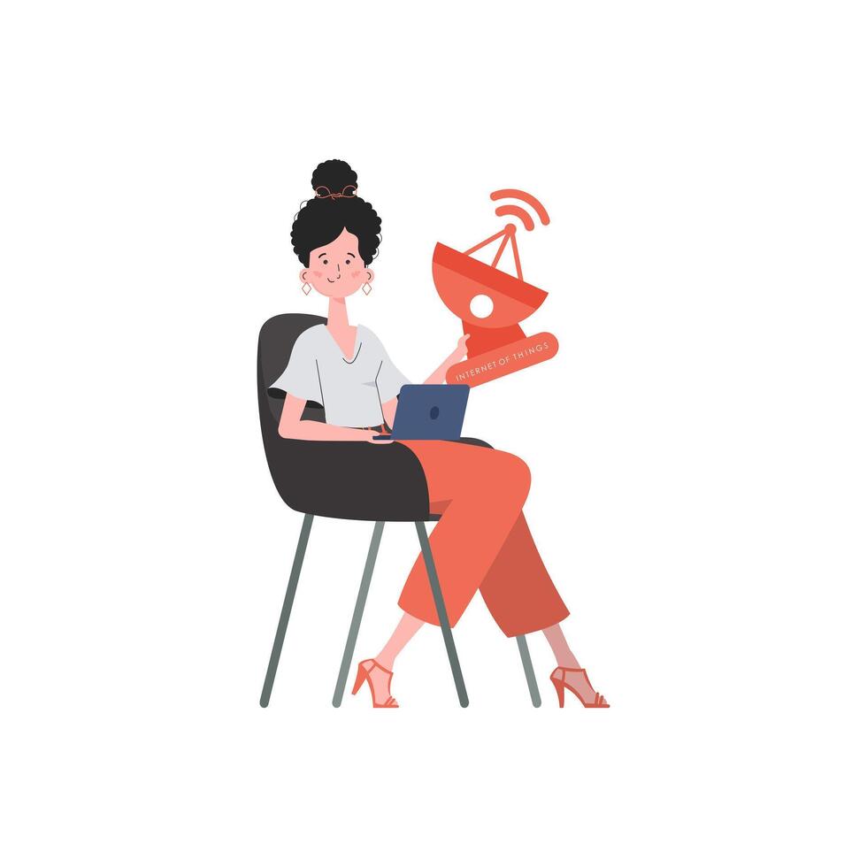 Internet of things concept. A woman holds a satellite dish in her hands. Isolated on white background. illustration in trendy flat style. vector