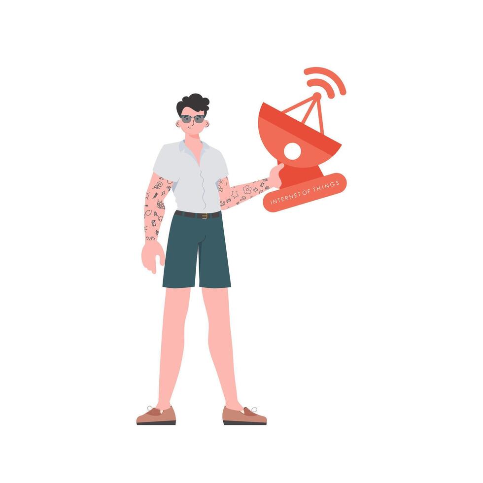 Internet of things concept. The guy is holding a satellite dish in his hands. Isolated. Trendy flat style. Vector illustration.