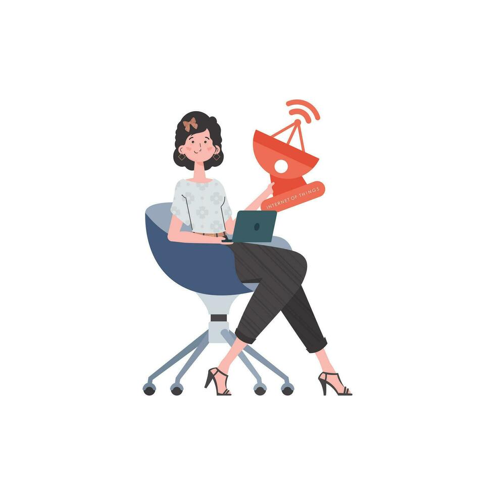 Internet of things concept. A woman holds a satellite dish in her hands. Isolated. Vector illustration in flat style.