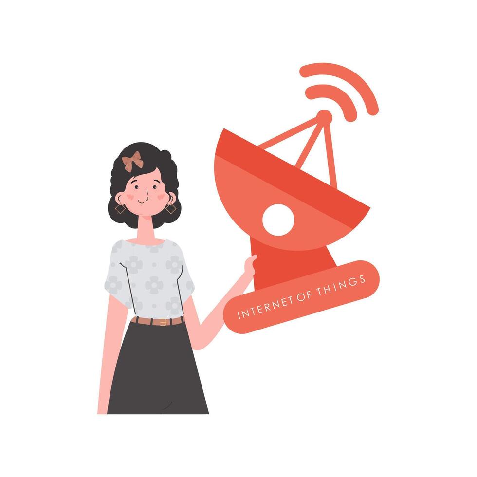 Internet of things concept. A woman holds a satellite dish in her hands. Isolated on white background. Trendy flat style. illustration. vector