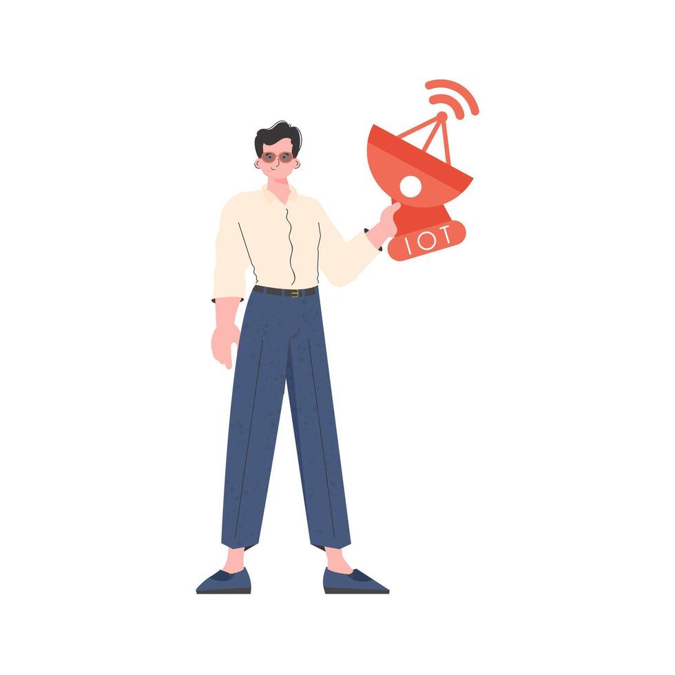 IoT concept. The guy is holding a satellite dish in his hands. Isolated. Vector illustration in trendy flat style.