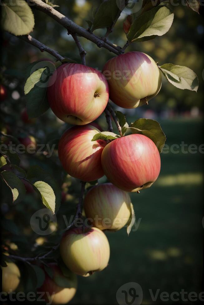 un manojo de manzanas colgando desde un árbol. ai generado foto