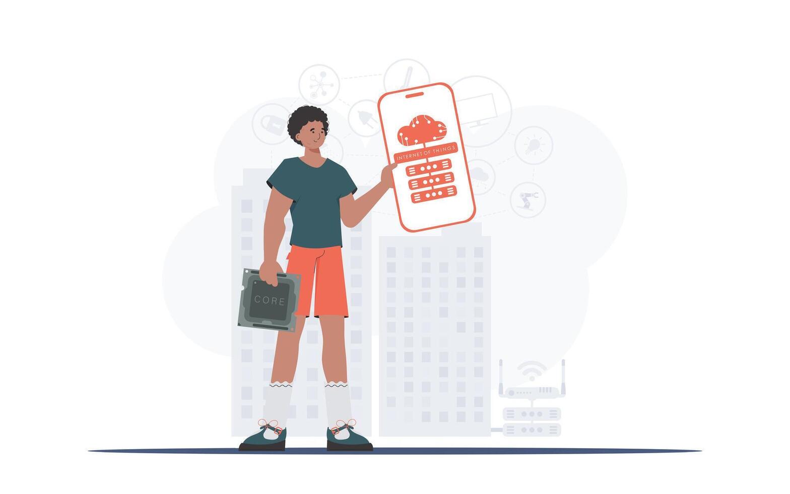 IoT concept. The guy is holding a phone with the IoT logo in his hands. Vector illustration in trendy flat style.