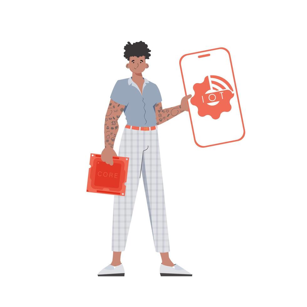 A man holds a phone with the IoT logo in his hands. Internet of things and automation concept. Vector illustration in flat style.