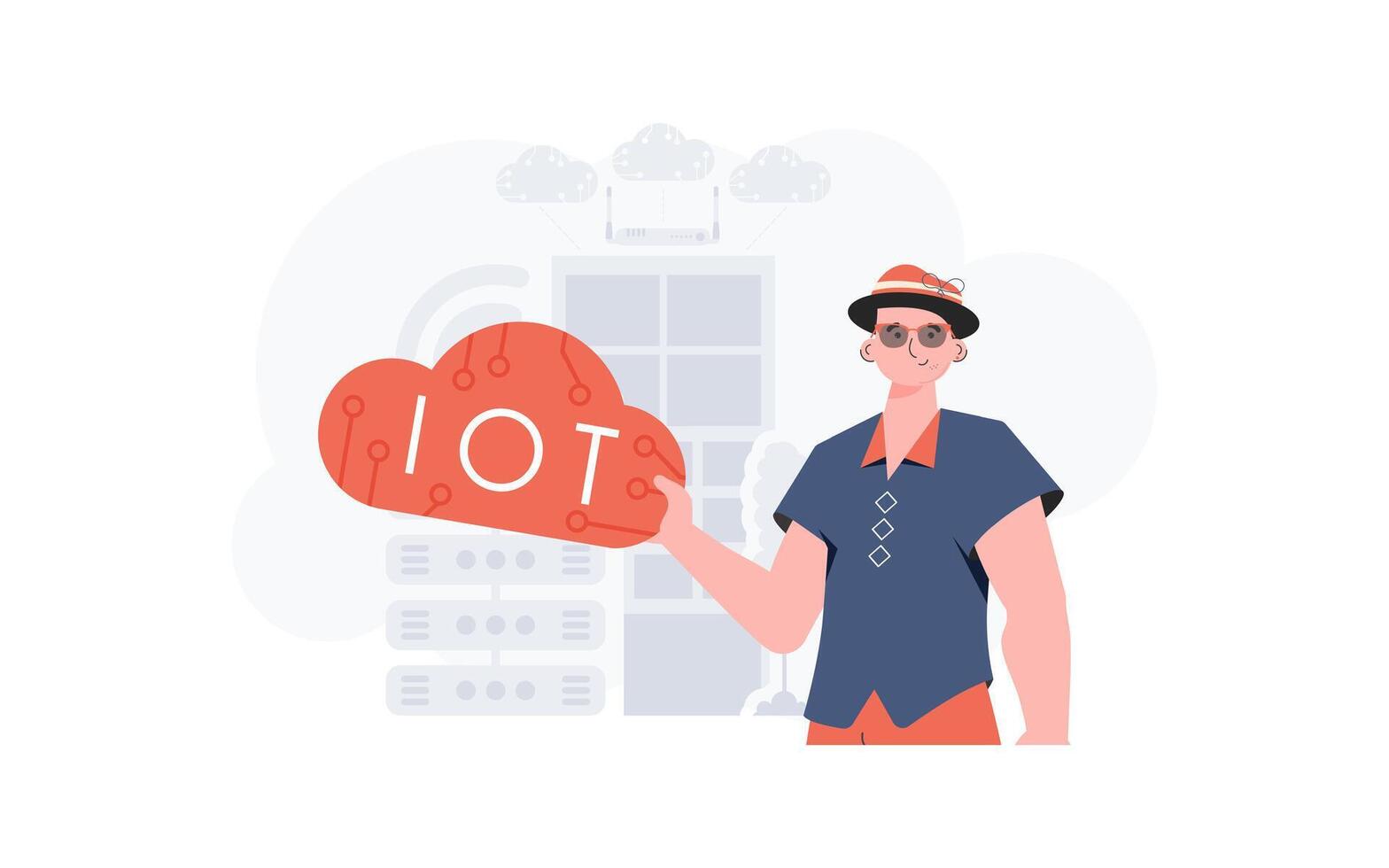The guy is holding an internet thing icon in his hands. IOT and automation concept. Good for websites and presentations. illustration in trendy flat style. vector