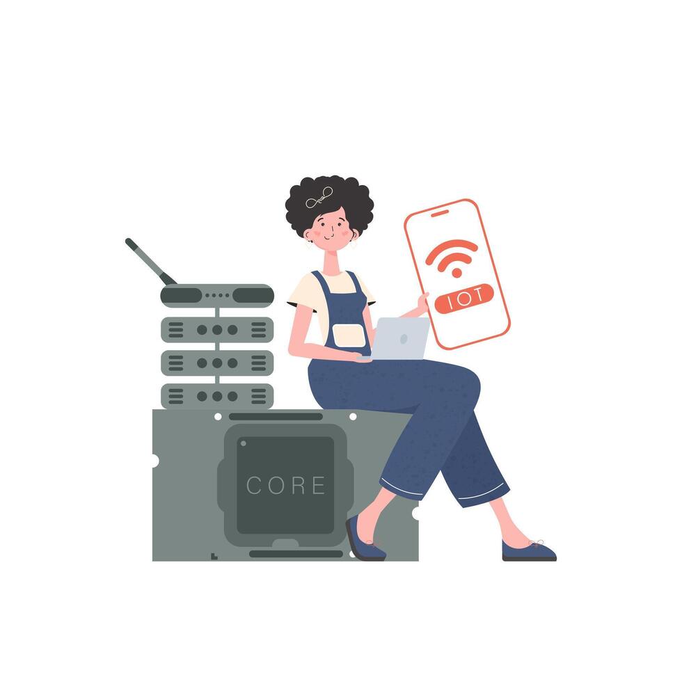 A woman holds a phone with the IoT logo in her hands. IoT concept. Vector illustration in flat style.