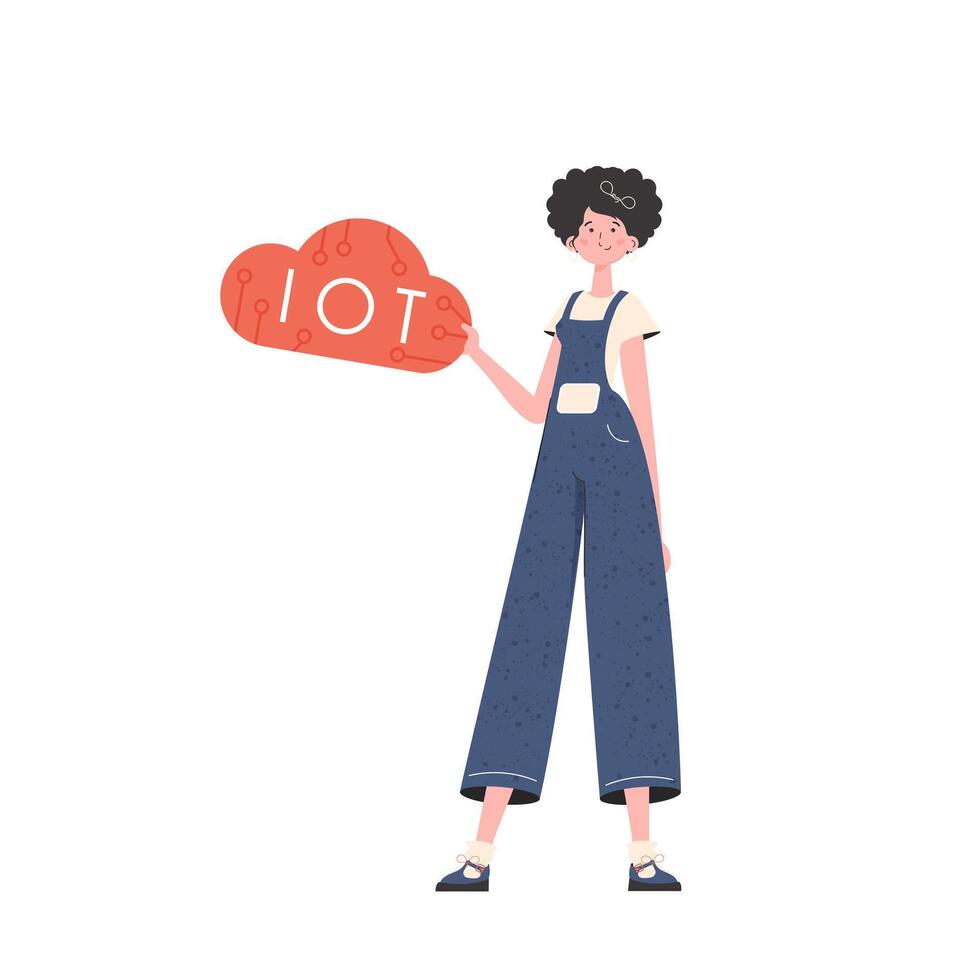 The girl holds the IoT logo in her hands. Internet of things concept. Isolated. . vector