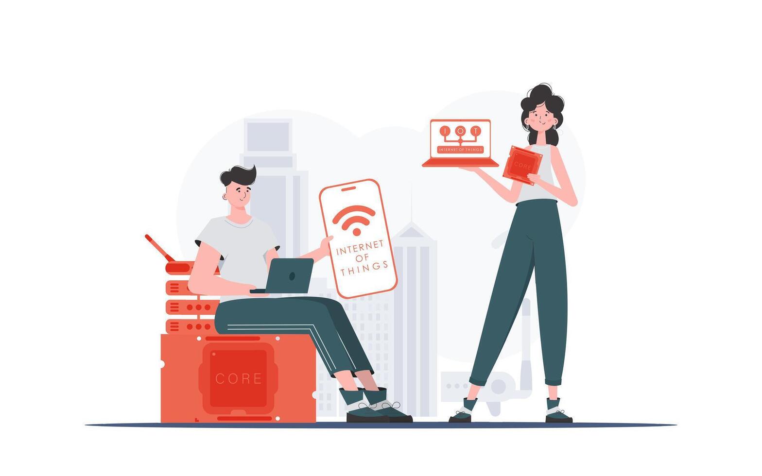 IoT concept. The girl and the guy are a team in the field of Internet of things. Good for presentations and websites. Trendy flat style. . vector