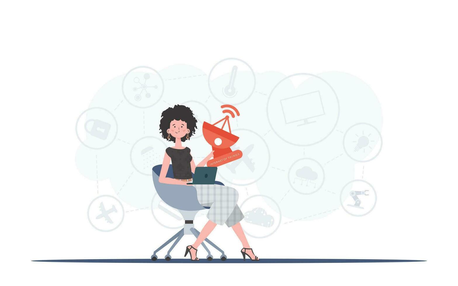 A woman holds a satellite dish in her hands. Internet of things and automation concept. Good for presentations, websites and typography. Vector illustration in flat style.