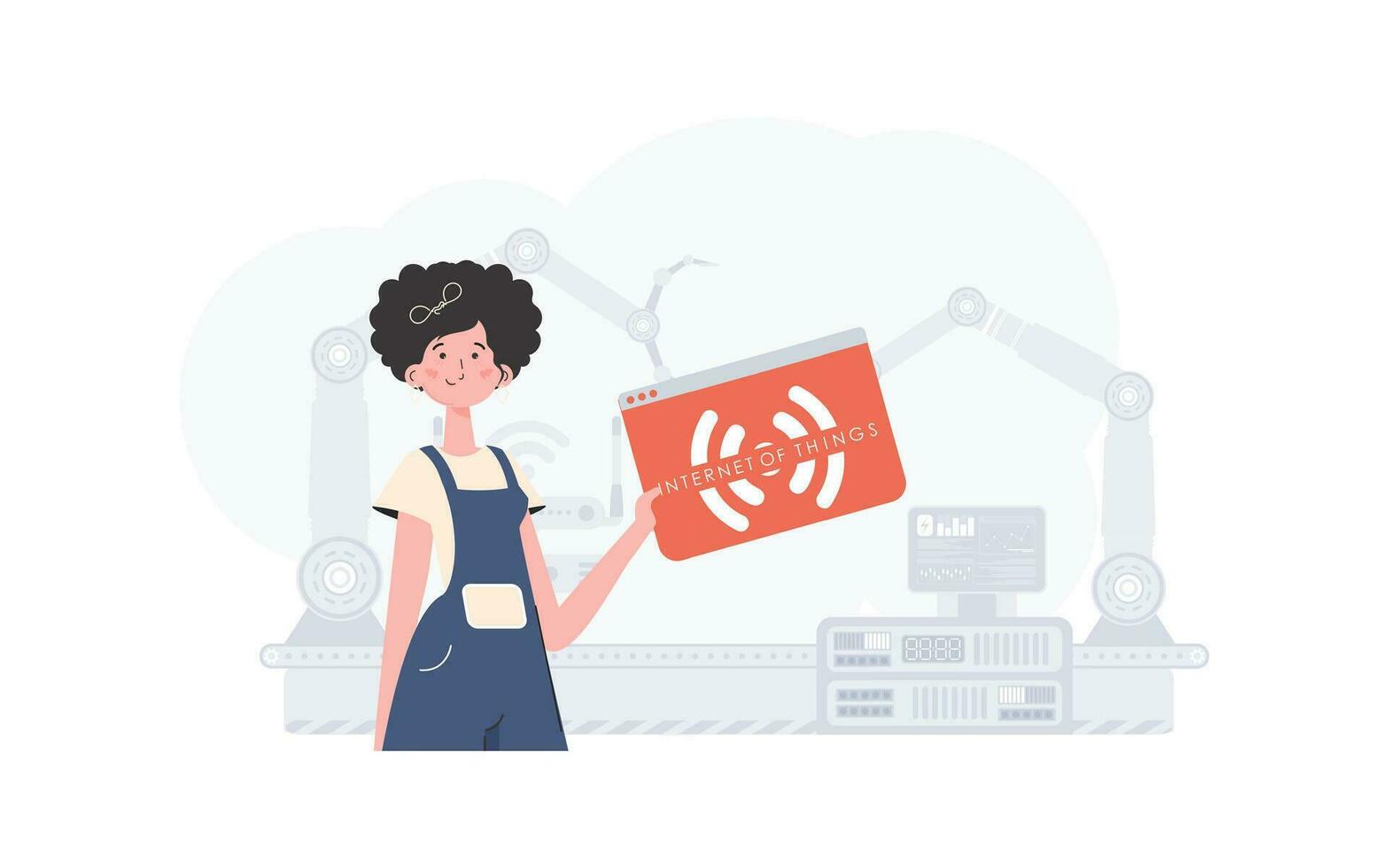 A woman is holding an internet thing icon in her hands. Internet of things concept. Good for presentations and websites. Vector illustration.