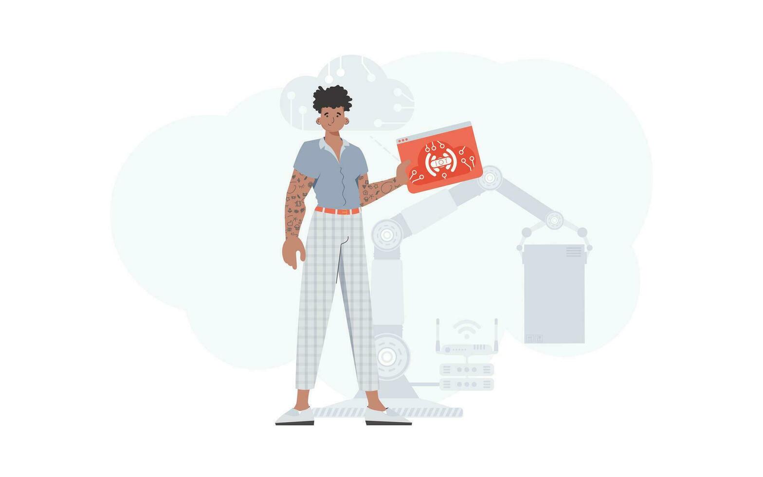 The guy is holding an internet thing icon in his hands. Internet of things concept. Good for presentations and websites. Vector illustration.