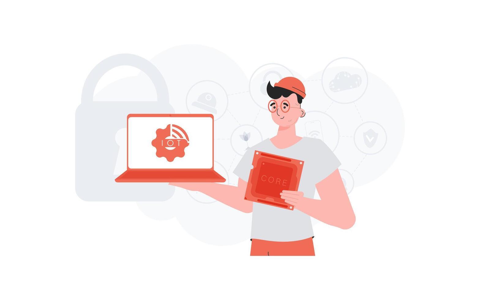 A man holds a laptop and a processor chip in his hands. Internet of things and automation concept. Vector illustration in flat style.