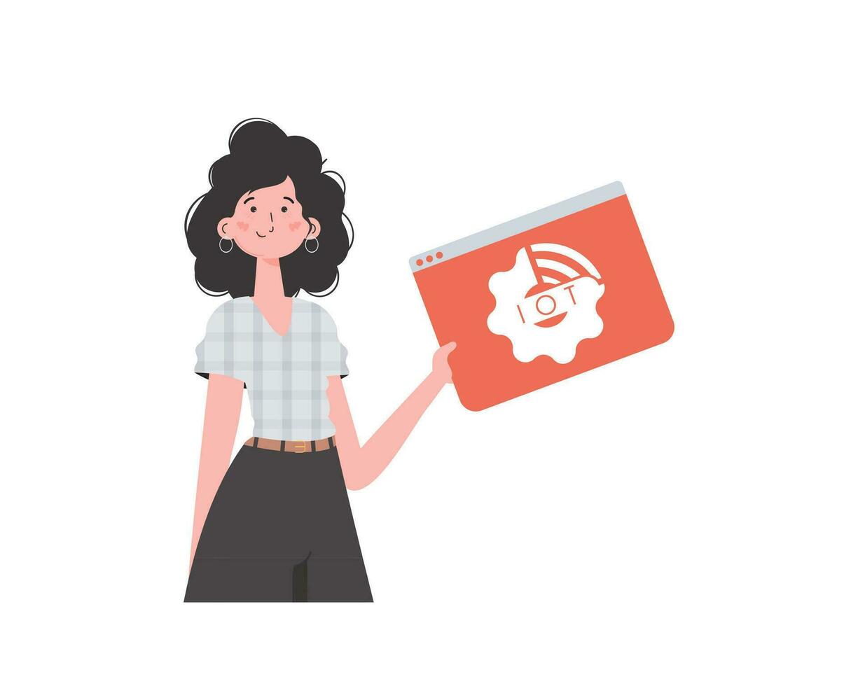 The girl holds the IoT logo in her hands. Internet of things concept. Isolated. Vector. vector