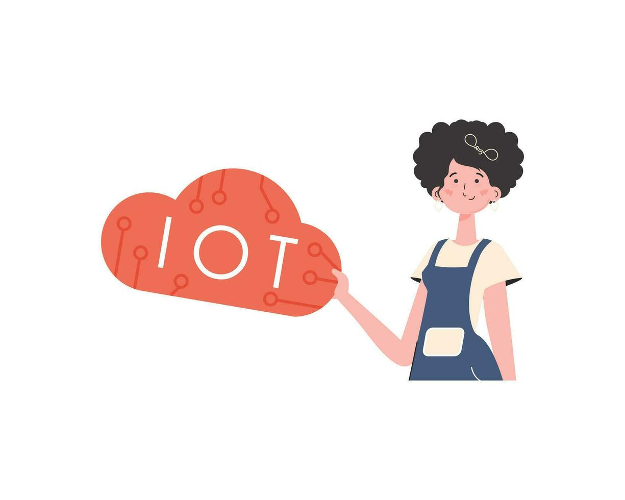 A woman holds the IoT logo in her hands. IoT concept. Isolated. Trendy flat style. Vector illustration.