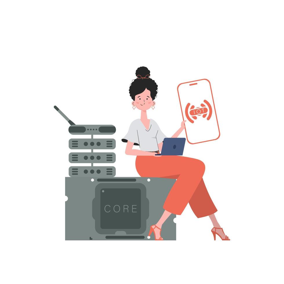A woman holds a phone with the IoT logo in her hands. Internet of things concept. Vector illustration in trendy flat style.