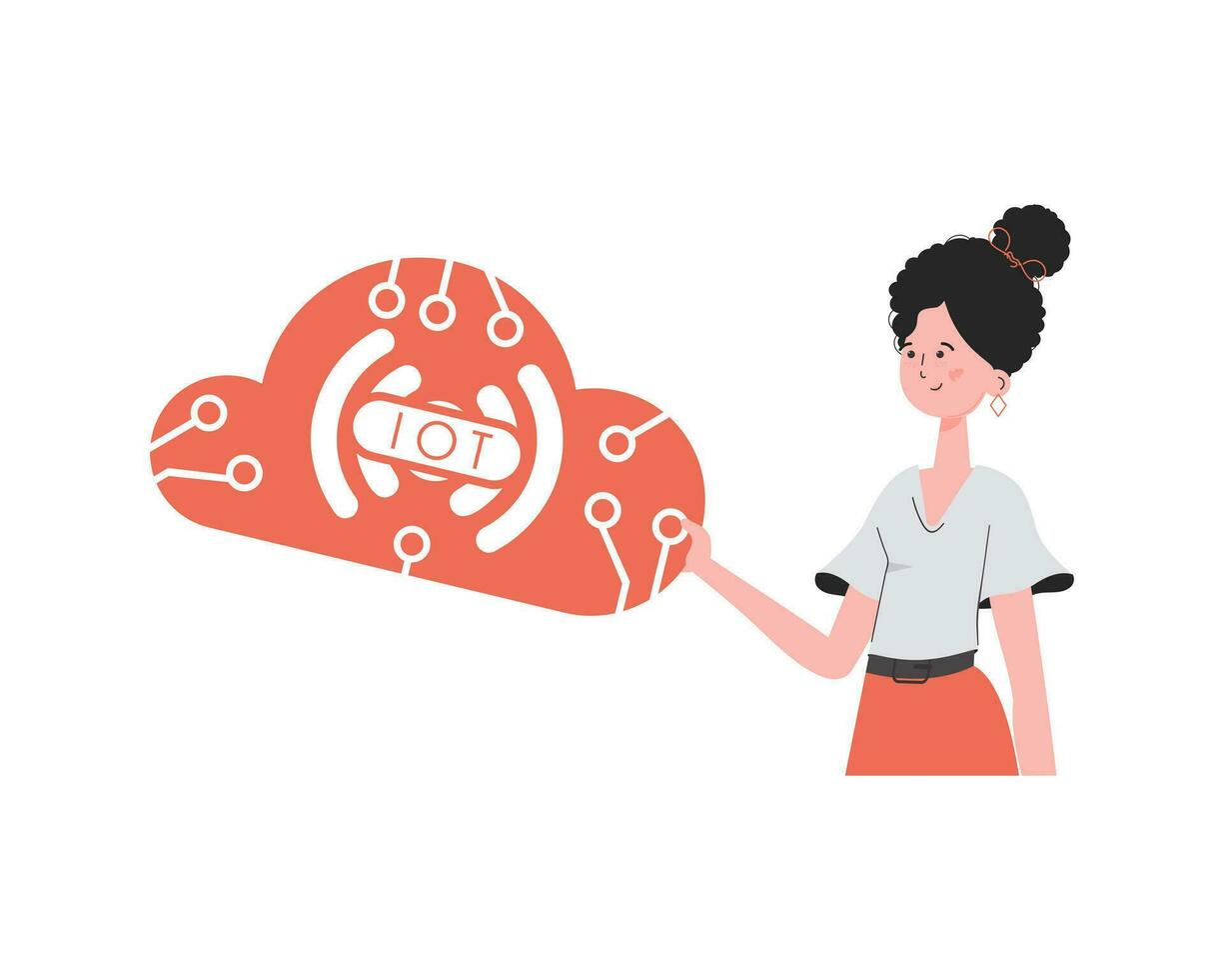 A woman holds the IoT logo in her hands. Internet of things concept. Isolated. Vector illustration in flat style.