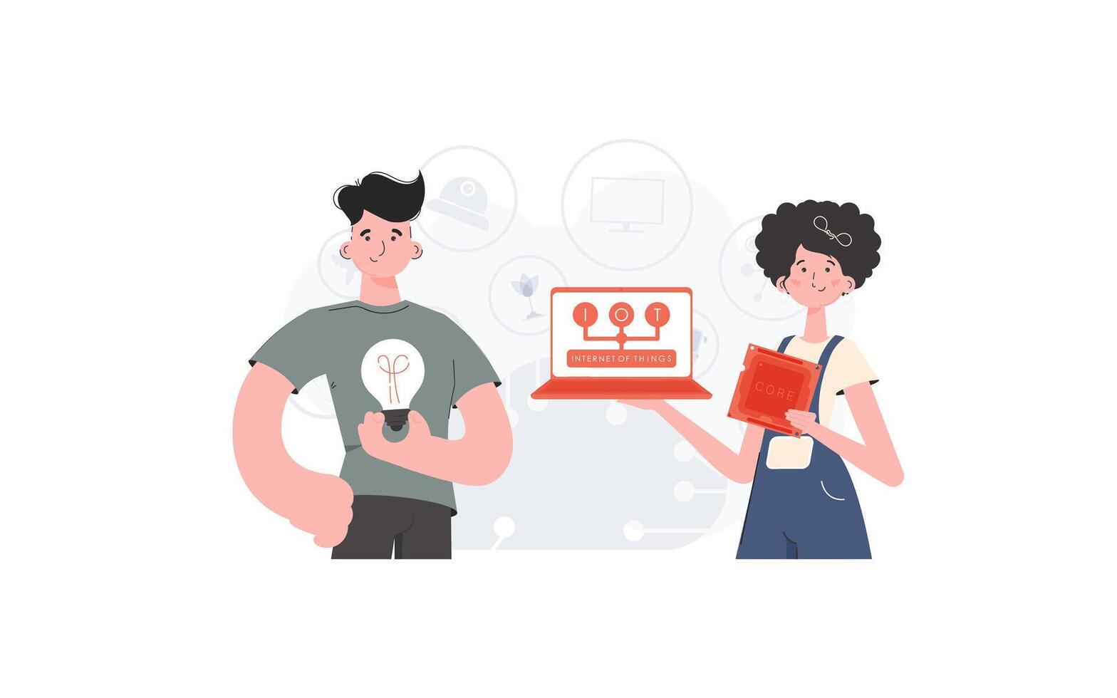 The girl and the guy are a team in the field of Internet of things. IoT concept. Good for presentations and websites. illustration in trendy flat style. vector