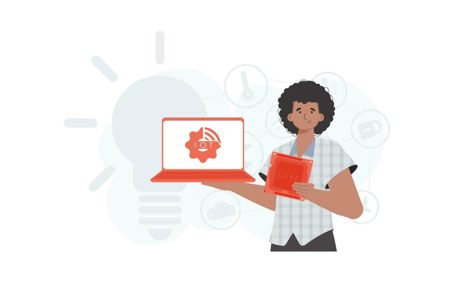 A man holds a laptop and a processor chip in his hands. Internet of things and automation concept. Trendy flat style. Vector illustration.
