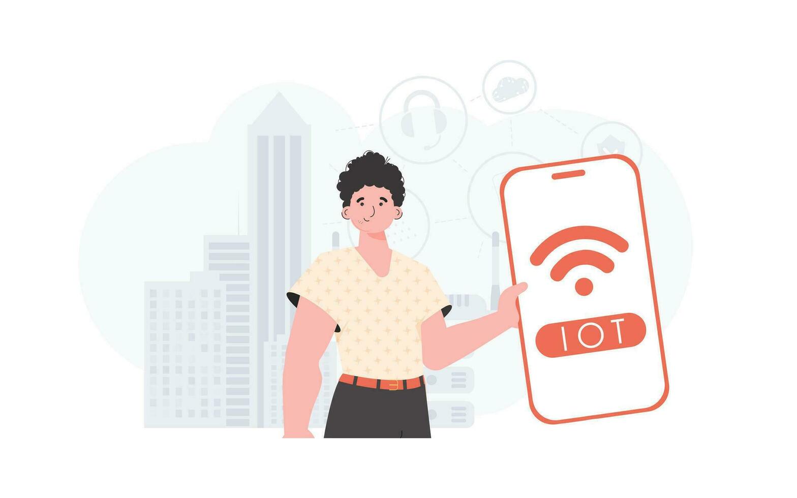 IOT and automation concept. A man holds a phone with the IoT logo in his hands. Trendy flat style. Vector illustration.