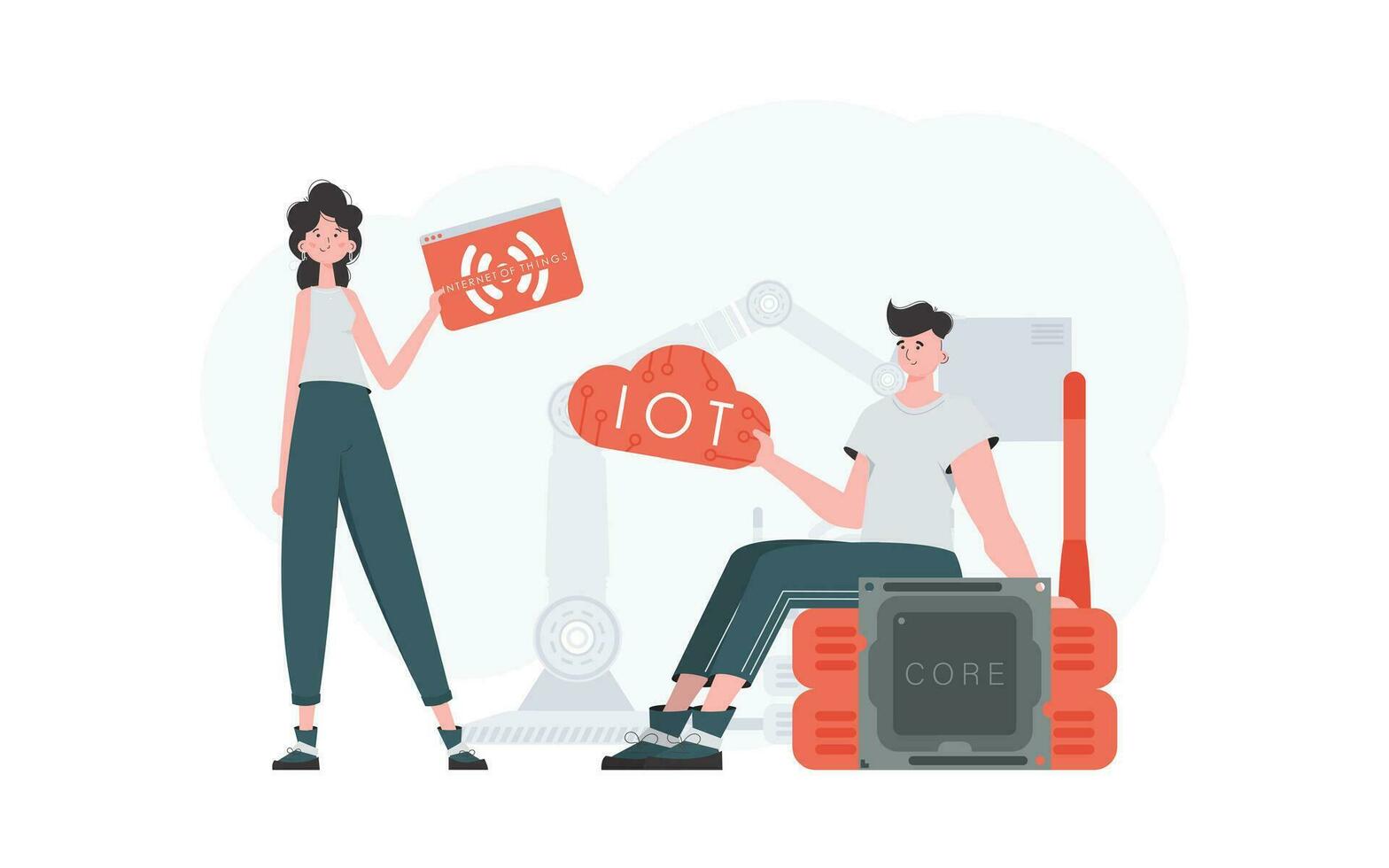 A man and a woman are a team in the field of the Internet of things. Internet of things and automation concept. Good for presentations and websites. Trendy flat style. Vector. vector