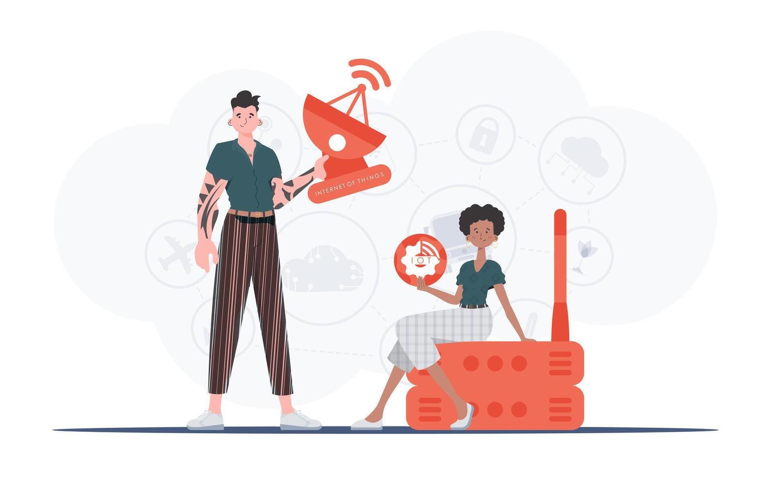 IoT concept. The girl and the guy are a team in the field of IoT. Good for websites and presentations. Vector illustration in trendy flat style.