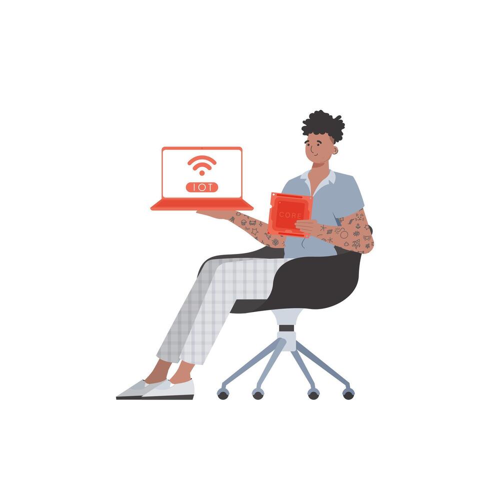 A man holds a laptop and a processor chip in his hands. Internet of things and automation concept. Isolated. Vector. vector