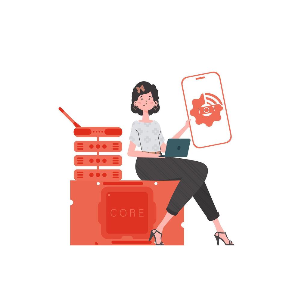 The girl is holding a phone with the IoT logo in her hands. IOT and automation concept. Vector illustration in trendy flat style.