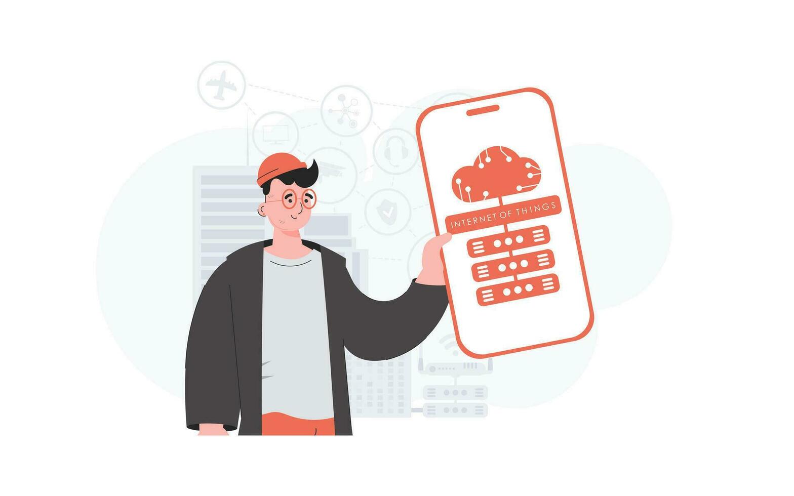 Internet of things and automation concept. The guy is holding a phone with the IoT logo in his hands. Trendy flat style. Vector illustration.