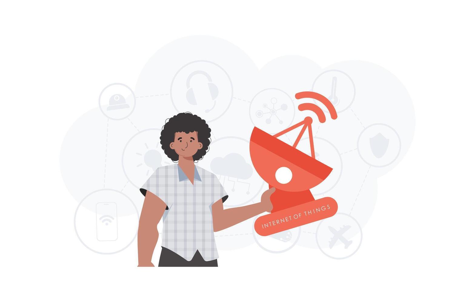 A man holds a satellite dish in his hands. IOT and automation concept. Good for presentations and websites. Vector illustration in trendy flat style.