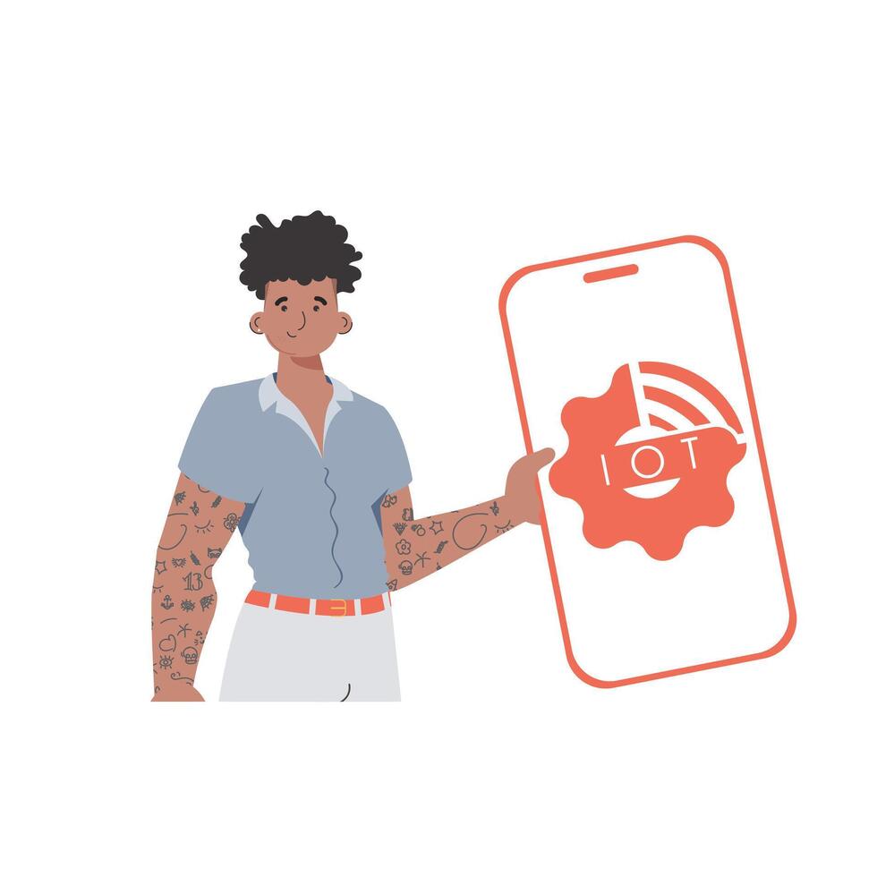 The guy is holding a phone with the IoT logo in his hands. Internet of things concept. Trendy flat style. Vector illustration.