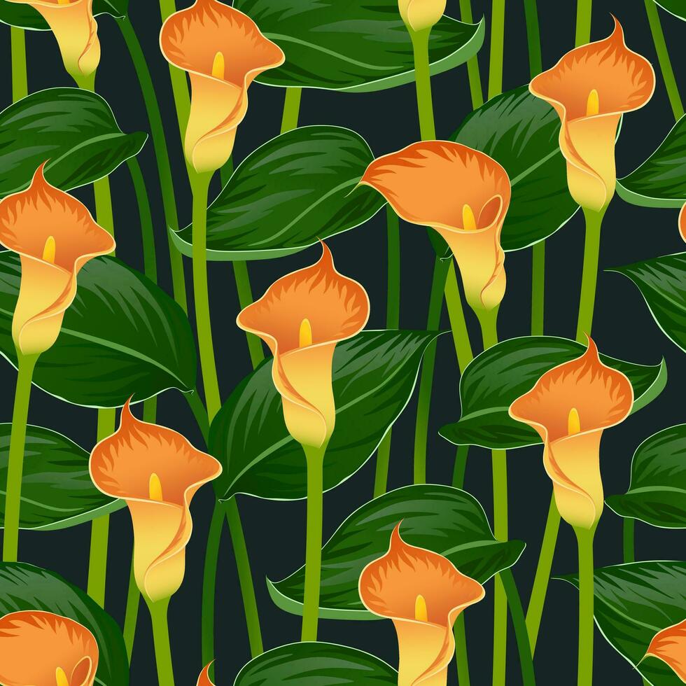 DARK EMERALD VECTOR SEAMLESS BACKGROUND WITH BLOOMING ORANGE CALLA LILIES