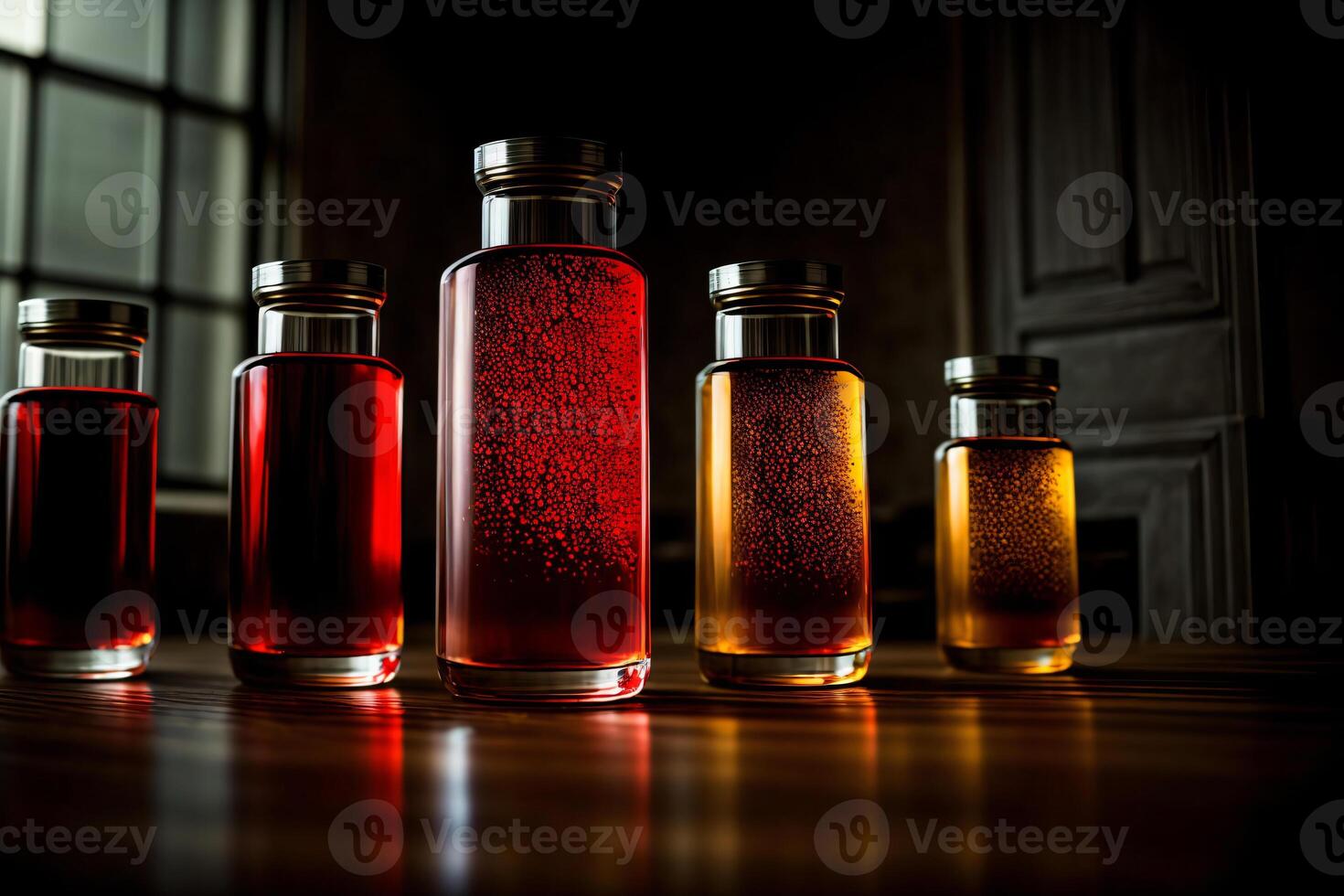 A Group Of Bottles Sitting On Top Of A Wooden Table. photo