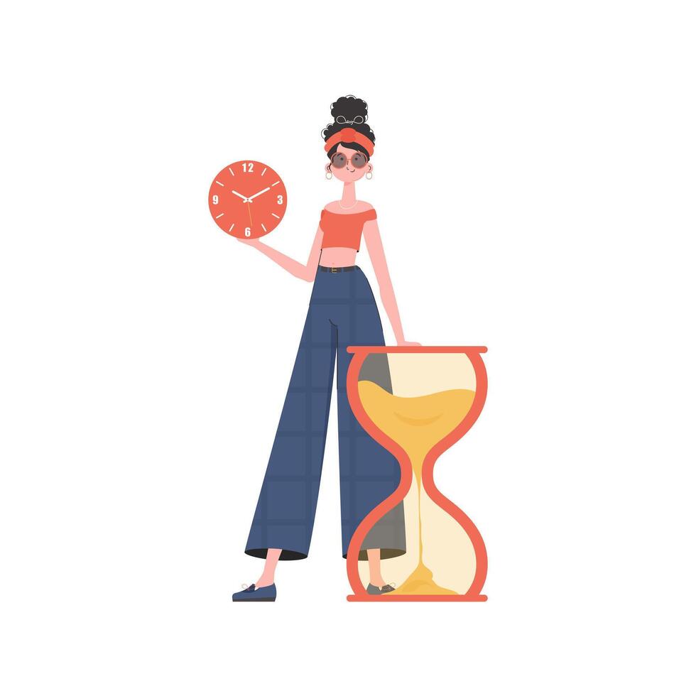A woman stands in full growth and holds a watch in her hands. Isolated. Element for presentation. vector