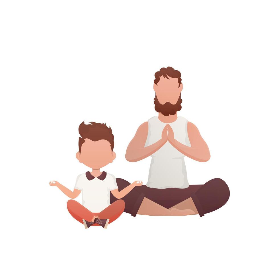 A robust man and a small boy sit meditating in the lotus position. Isolated. Cartoon style. vector