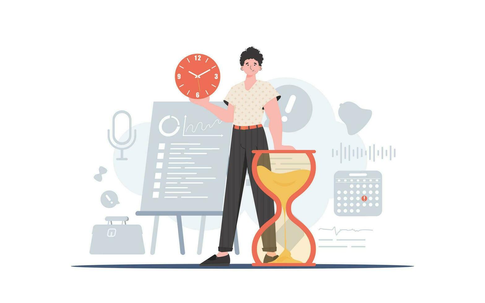 A man stands to his full height next to an hourglass. Time management. Element for presentation. vector