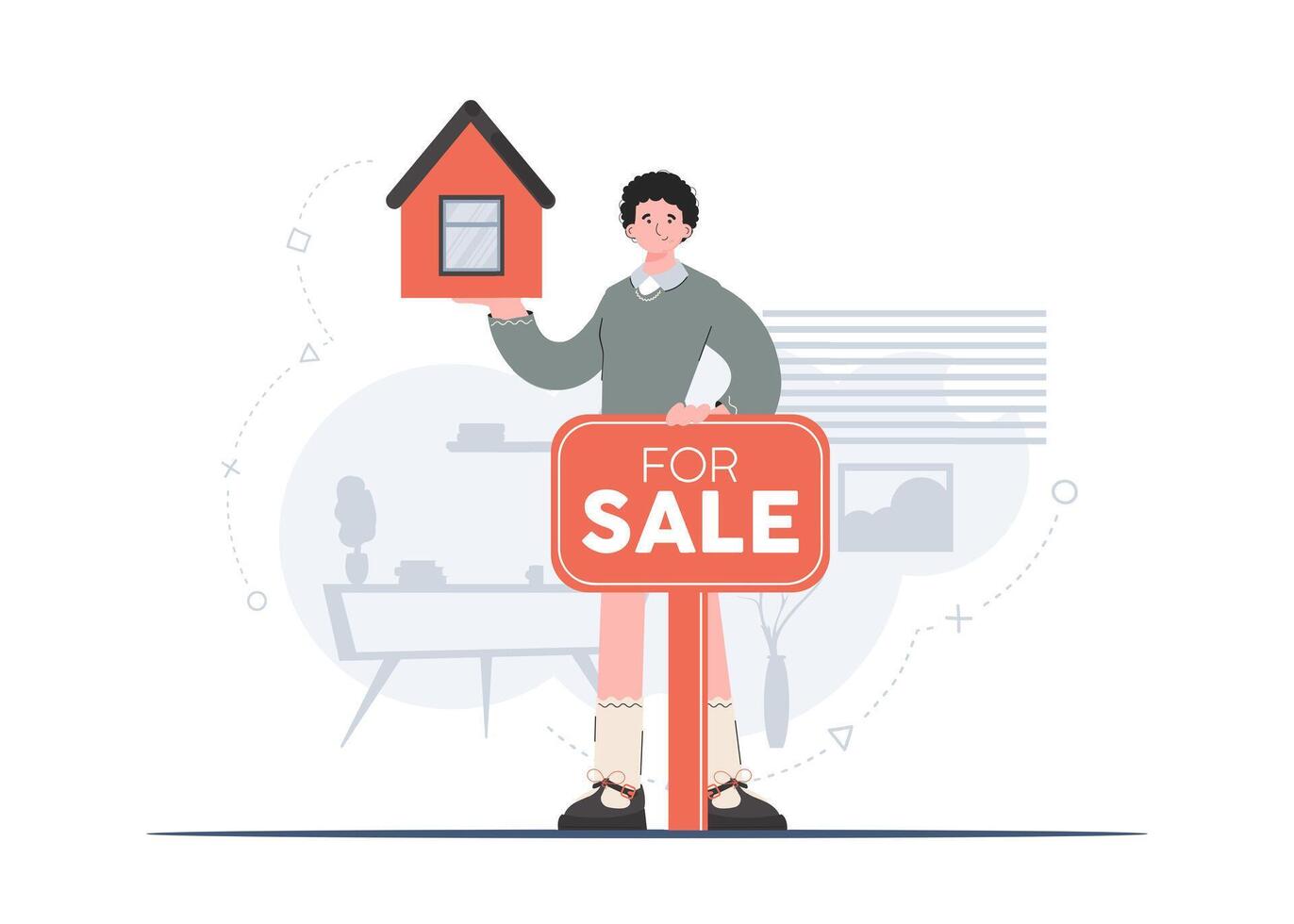 A man stands in full growth with a sale sign next to the house. Property For Sale. Flat style. Element for presentations, sites. vector