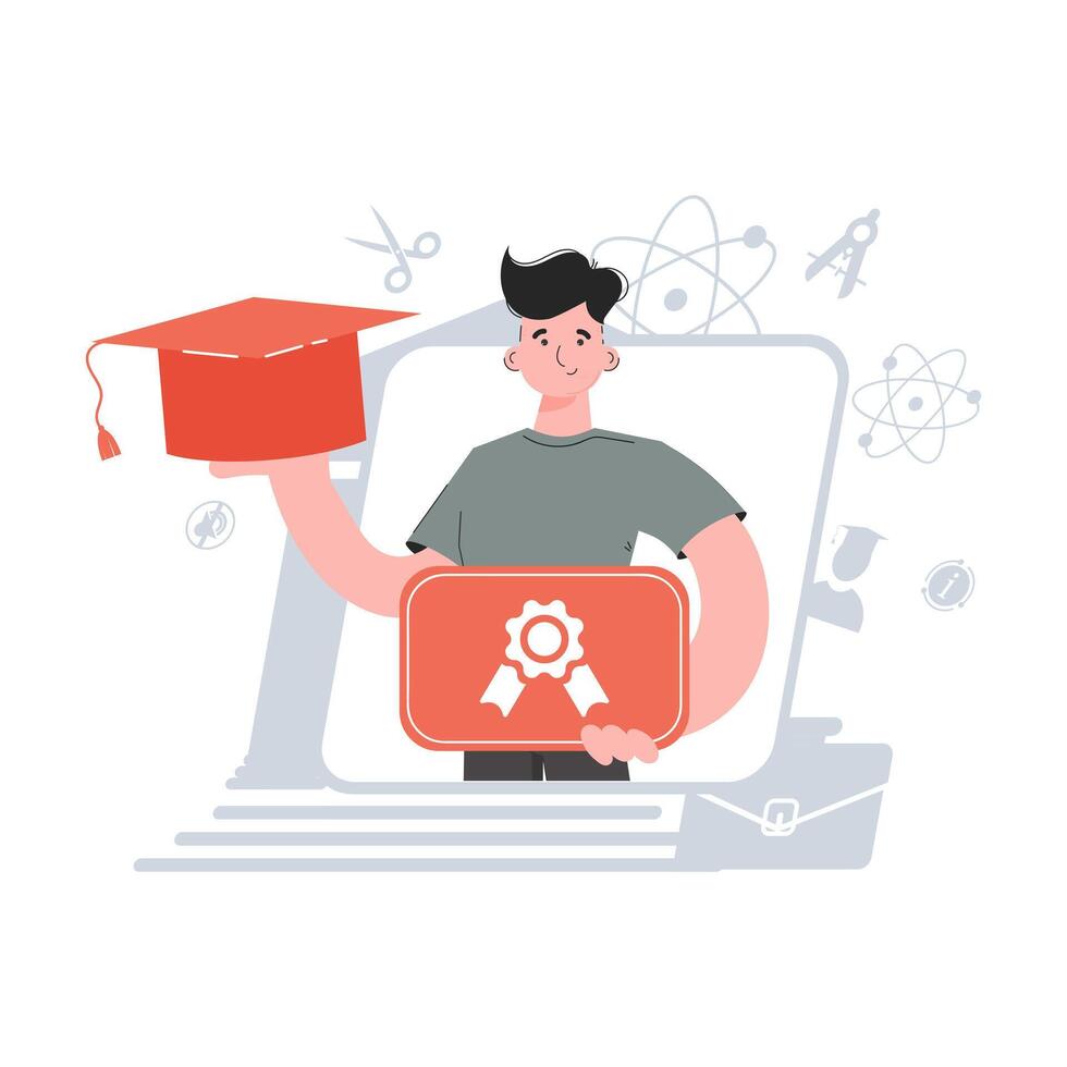 The guy stands waist-deep and holds a graduation cap. Education. Element for presentations, sites. vector