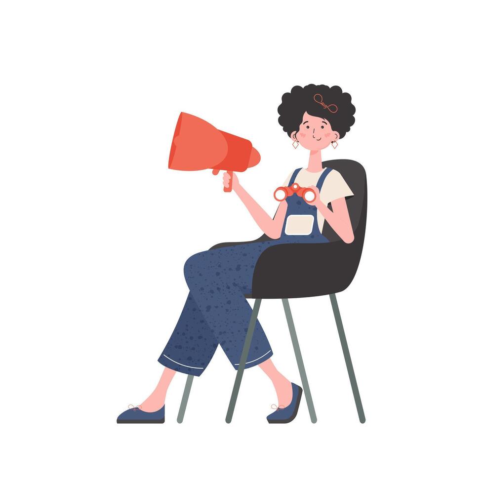 The girl sits in a chair and holds a bullhorn or loudspeaker. Isolated. illustration. vector
