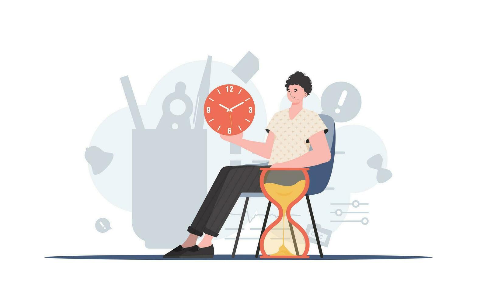 un hombre se sienta en un silla con un reloj de arena. hora gestión. elemento para presentación. vector